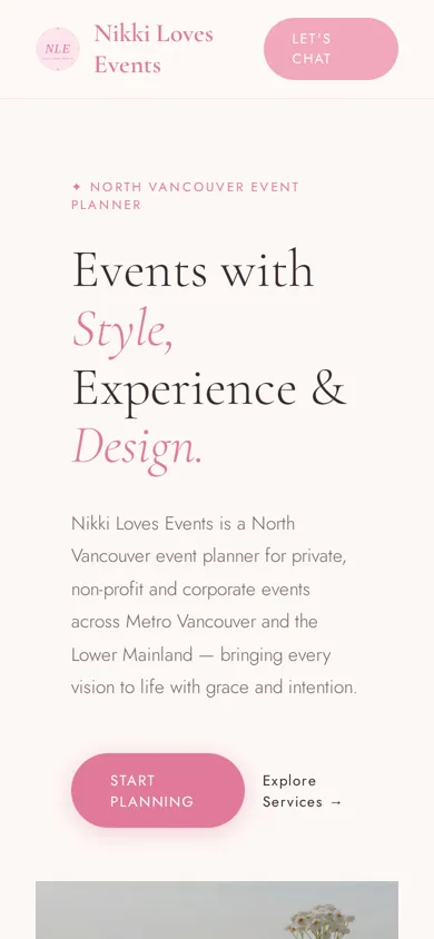 Nikki Loves Events website homepage on a phone